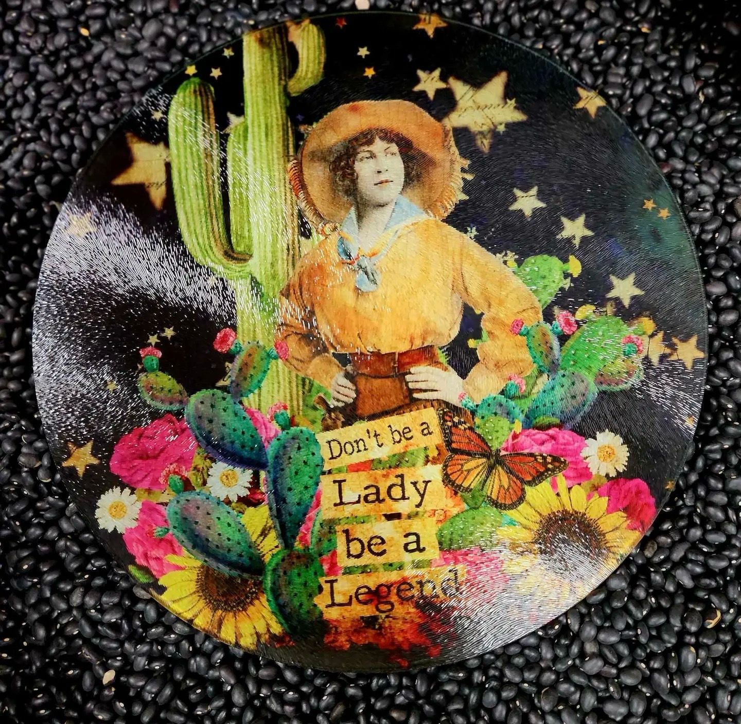TroubleMaker Trading Company Don&#39;t Be a Lady, Be a Legend Round Glass Cutting Board/Trivet