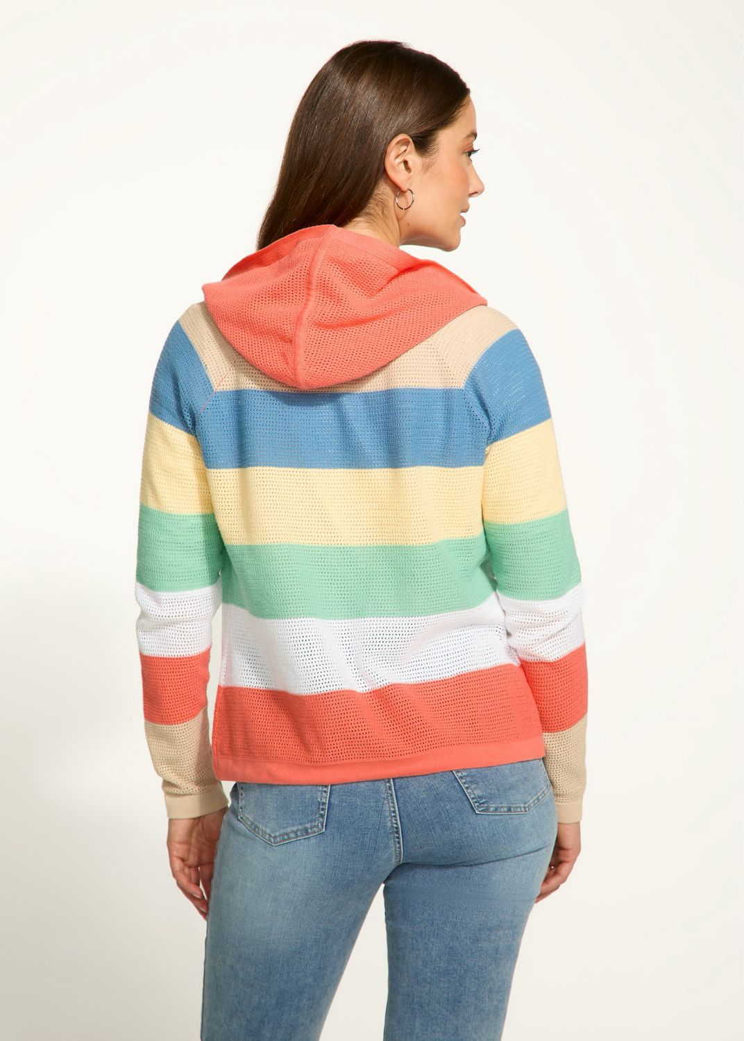 FDJ 1631314 Striped Pointelle Hooded Cardigan