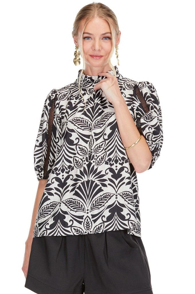 Joy Joy 71A4807-2 Ruffle Neck Puff Sleeve Top