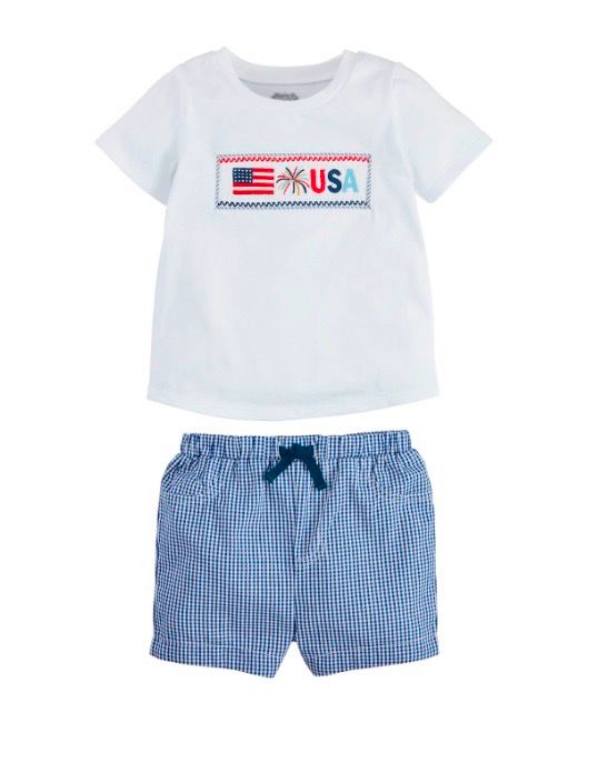 MudPie 11890029 Flag Smocked Tee Short Set