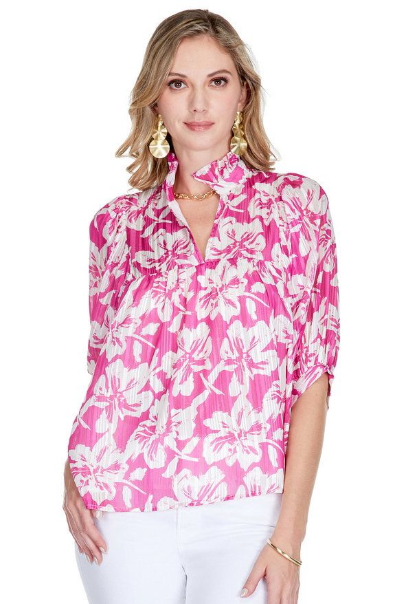 Jade 71A9784 Puff Sleeve Top-Magenta Hibiscus