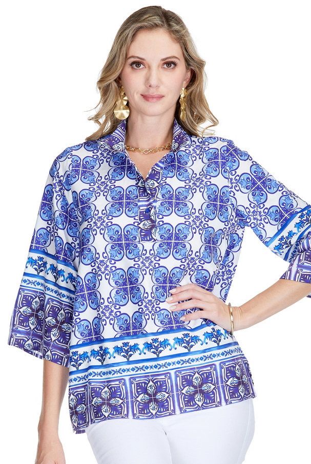 Jade 71A5037-2 Placket Tunic -Blue Damask
