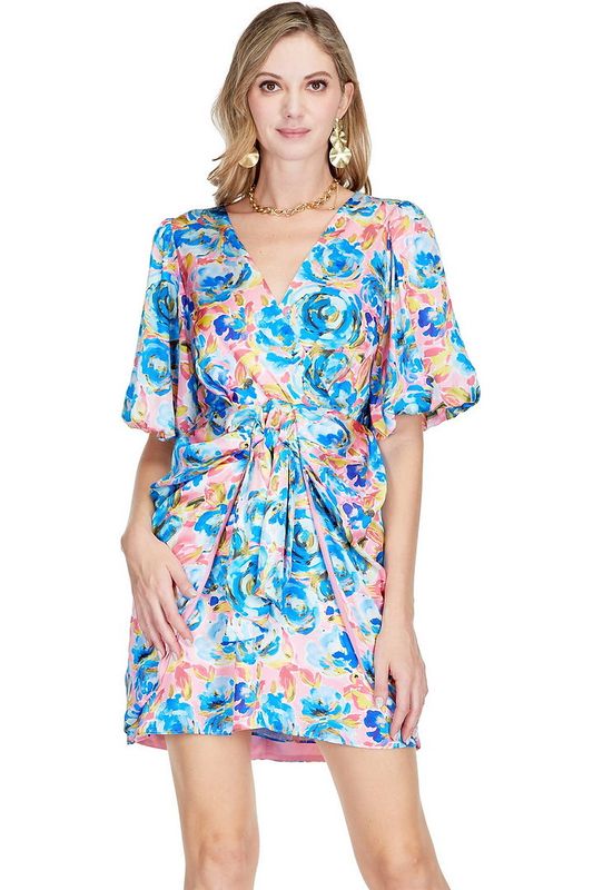 Jade 71B9857 Front Tie Wrap Dress-Indigo Bloom