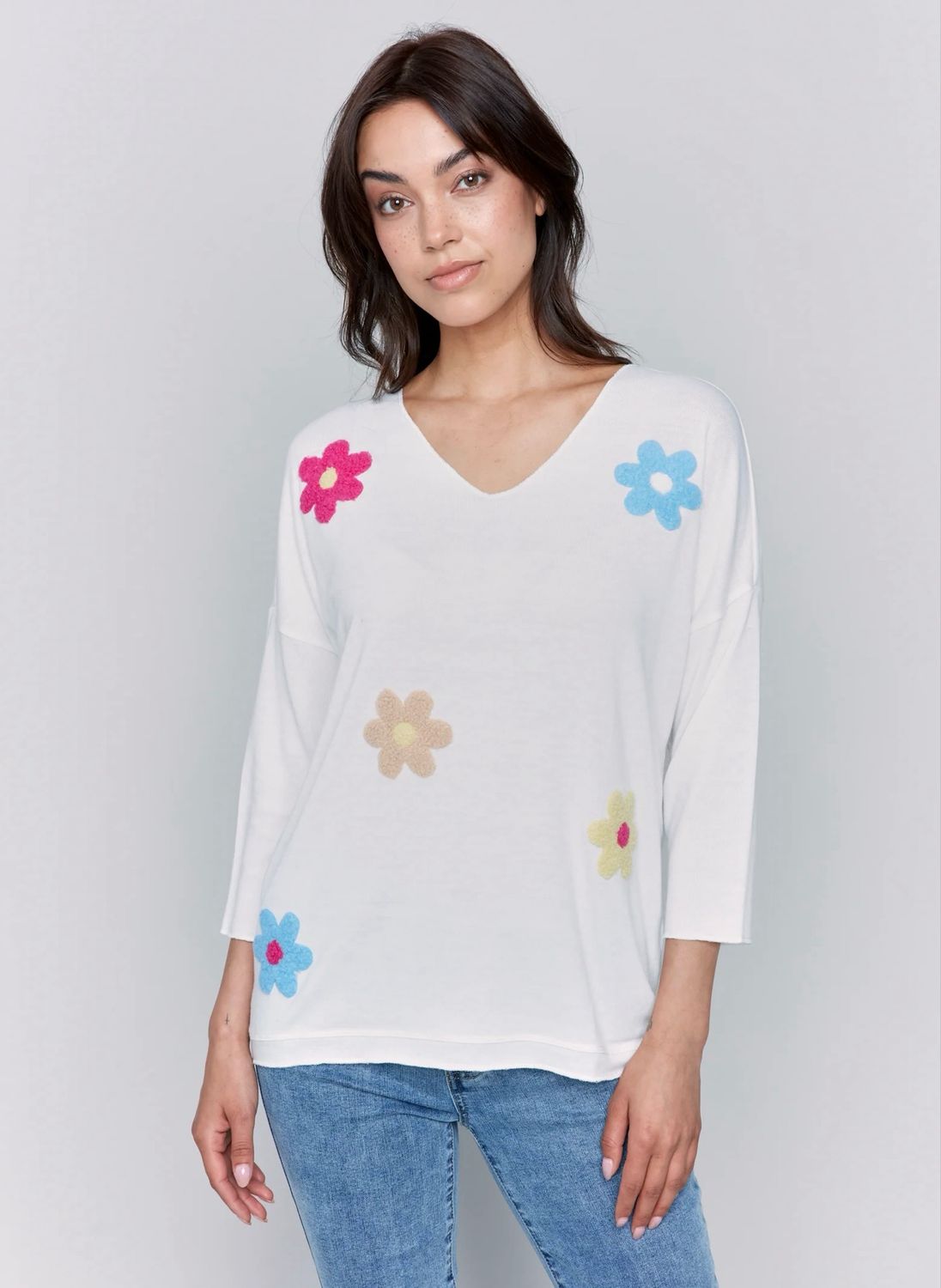 Charlie B C1264APK/006B LS Floral Applique V-Neck 