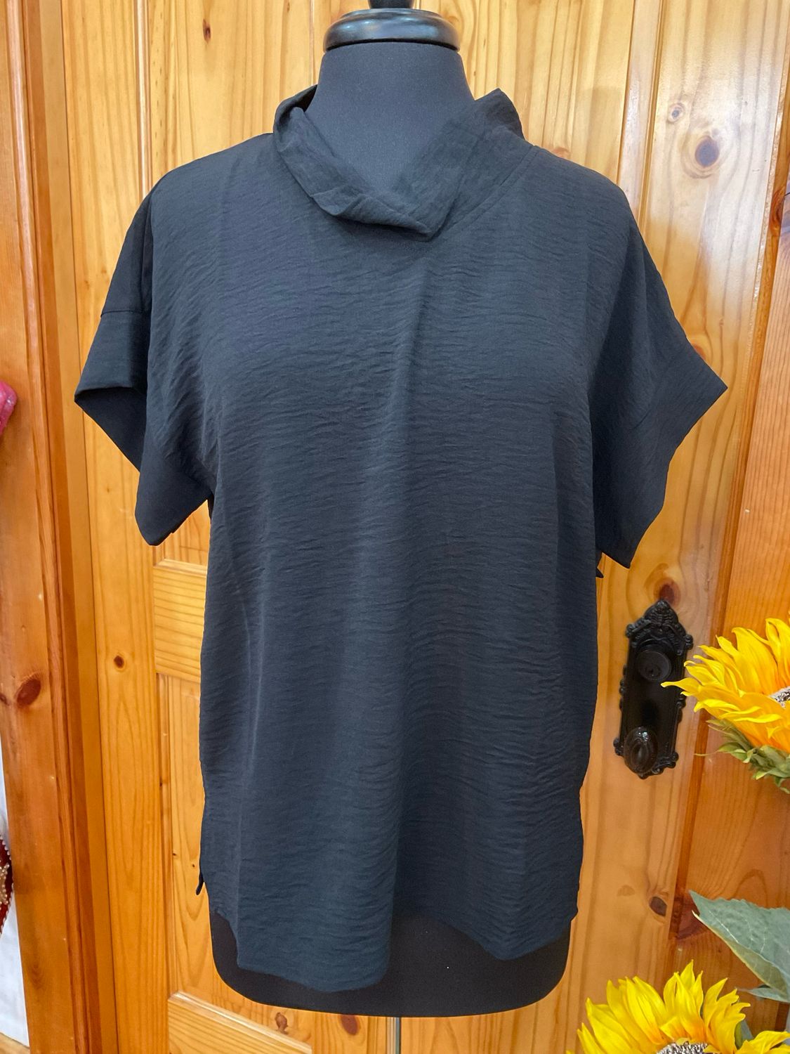 Shana 25246 Airflow Solid Mockneck Top-BLACK