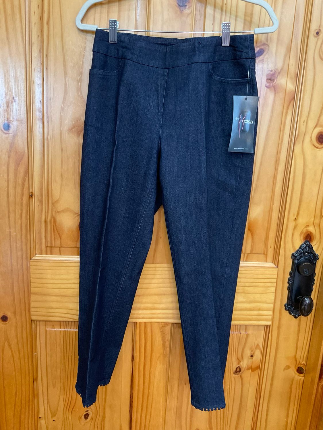 Slimsation M24703PM Pull On Denim Pants/w hem trim
