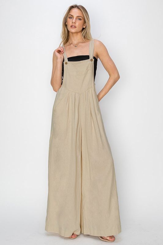 Risen RDNP8037 Linen Wide Leg Overalls-Tan