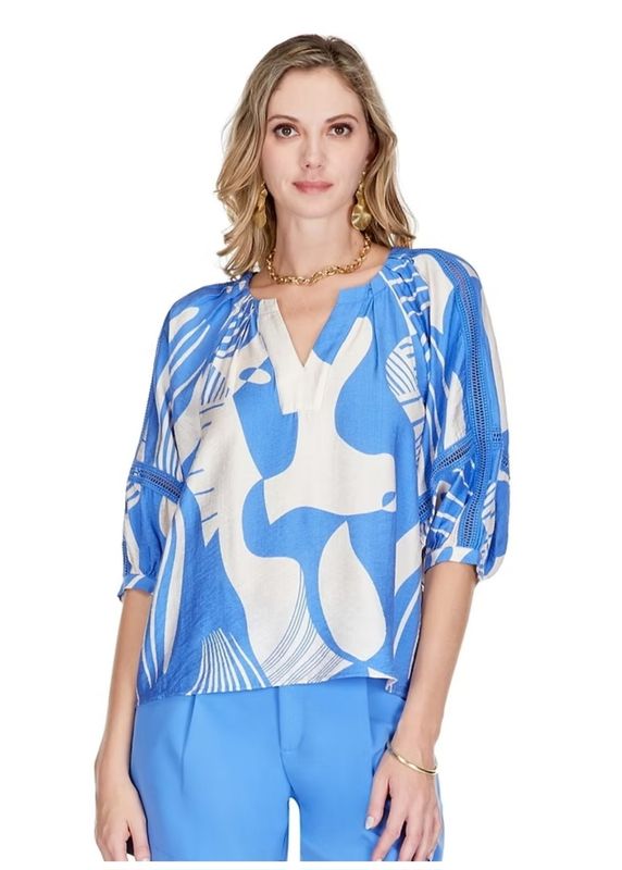 Jade 72C9944 Trimmed Peasant Top Blue Deco