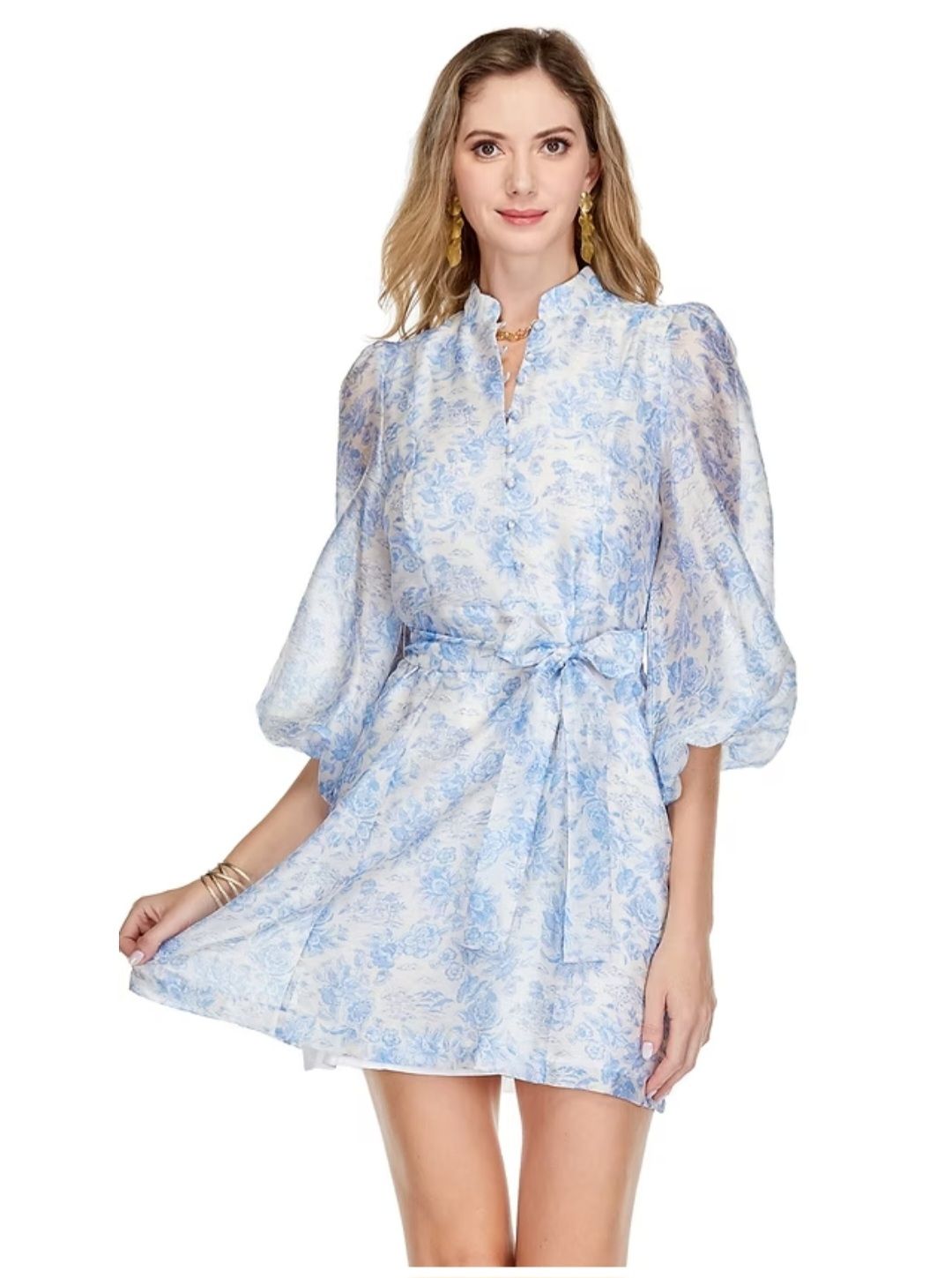 Jade 72C9934 Stand Collar ALine Dress-Blue Garden
