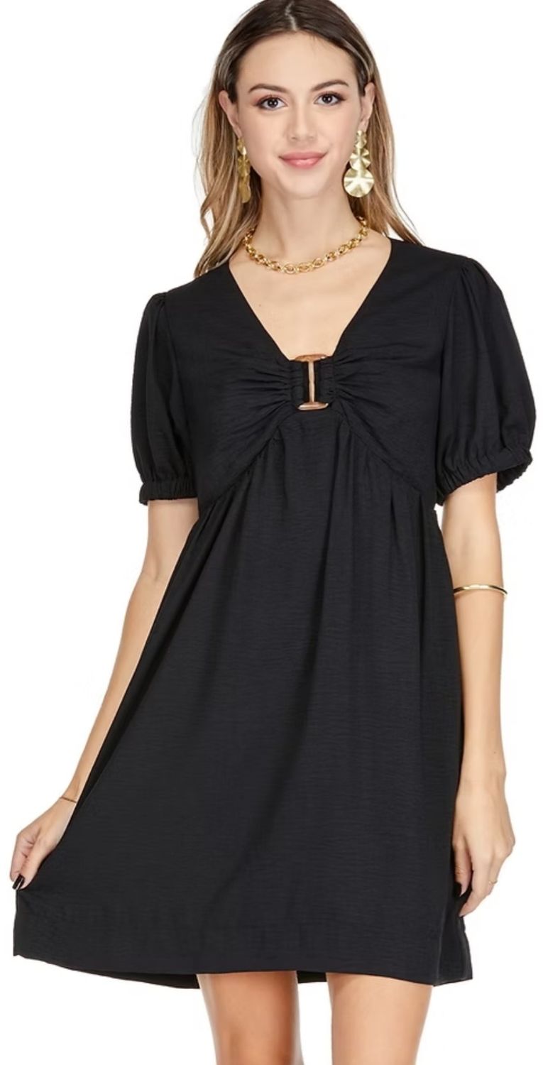 Joy Joy 72C7525 V-Neck Ring Dress-Black
