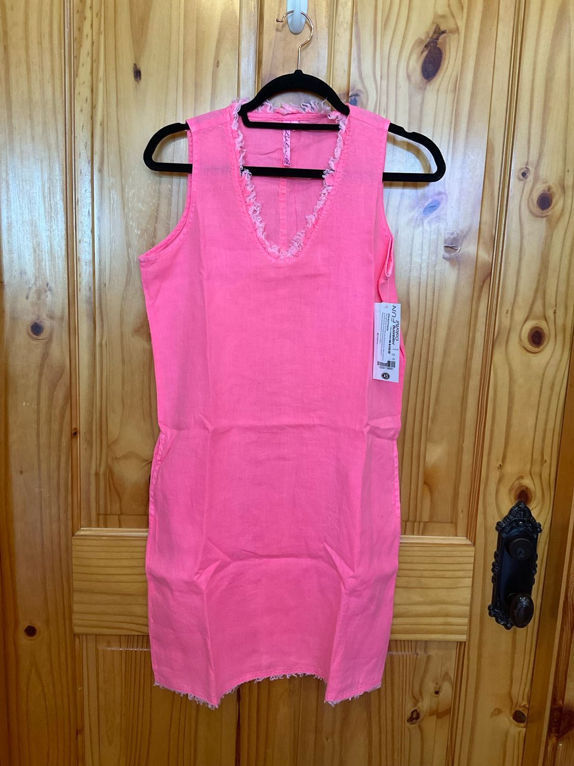 Lulu B LIN4521 Linen Slvless Frayed Dress-Coral