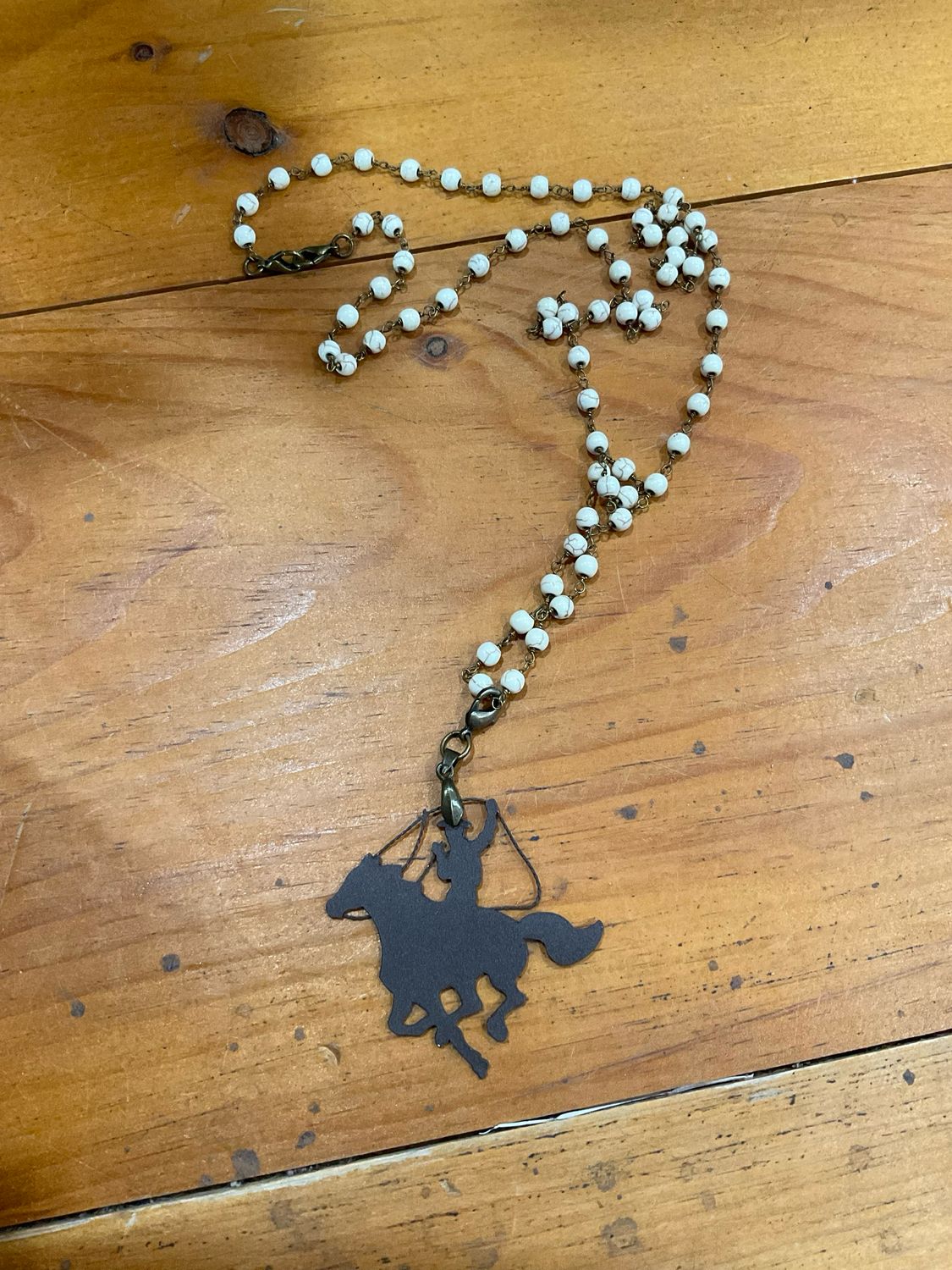 XOXO 1-021 White Rosary Beads w/Cowboy Cutout Necklace