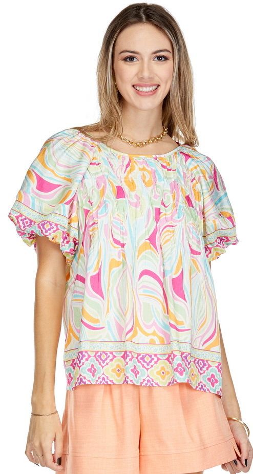 Joy Joy 72D7571 Front Tuck Top-Pastel Border