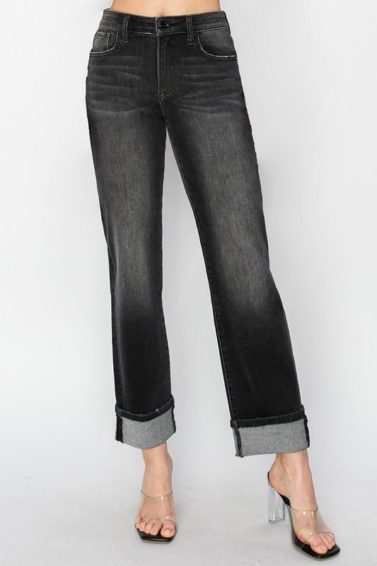 Risen RDP5844 Hi Rise Straight Cuffed Jeans-Black