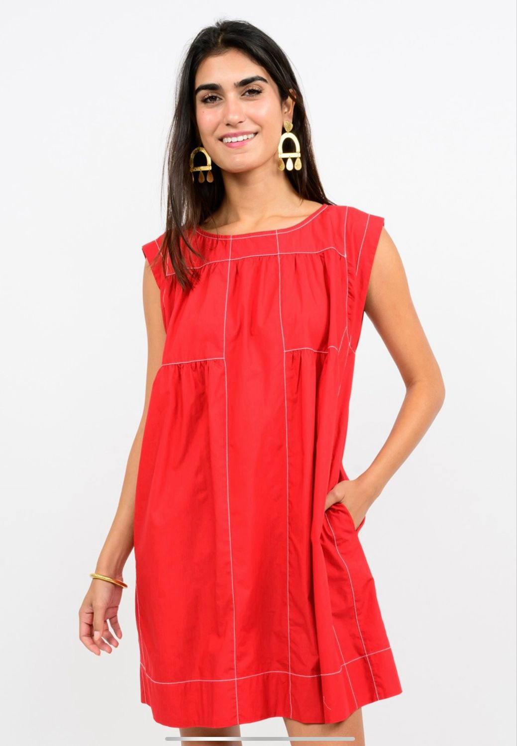 Uncle Frank 75695 Topstitched Tiered Dress-Red
