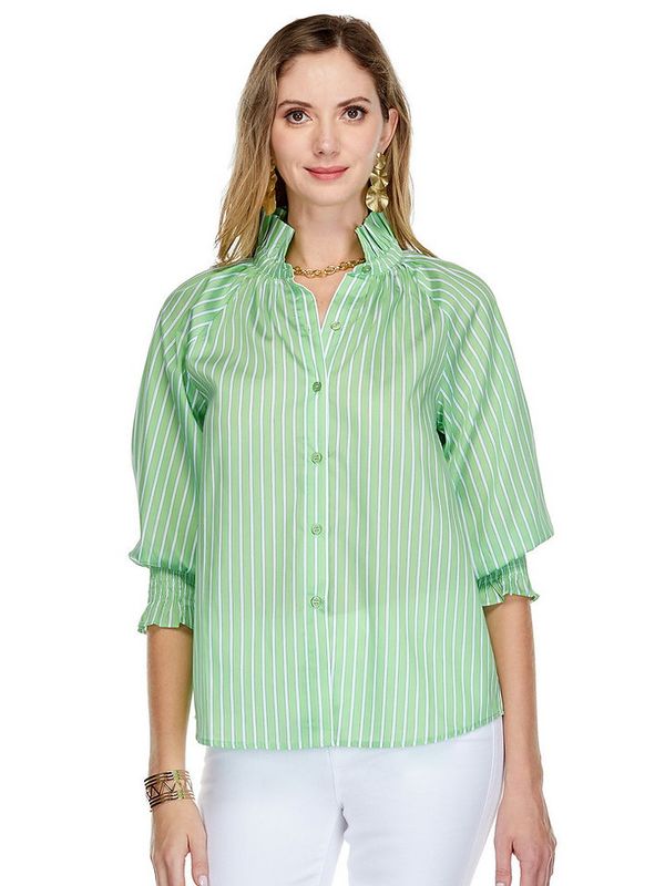 Jade 73E9820-2 GathersNeck 3/4Slv Top-Green stripe