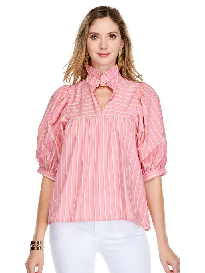 Jade 73E9784 HiNeck Puff SleeveTop-Pink Stripe