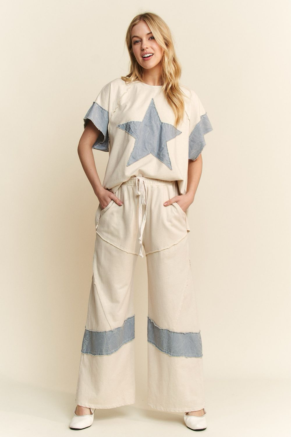 j.HER HP6226 Mineral Washed Denim Patched Wide Leg