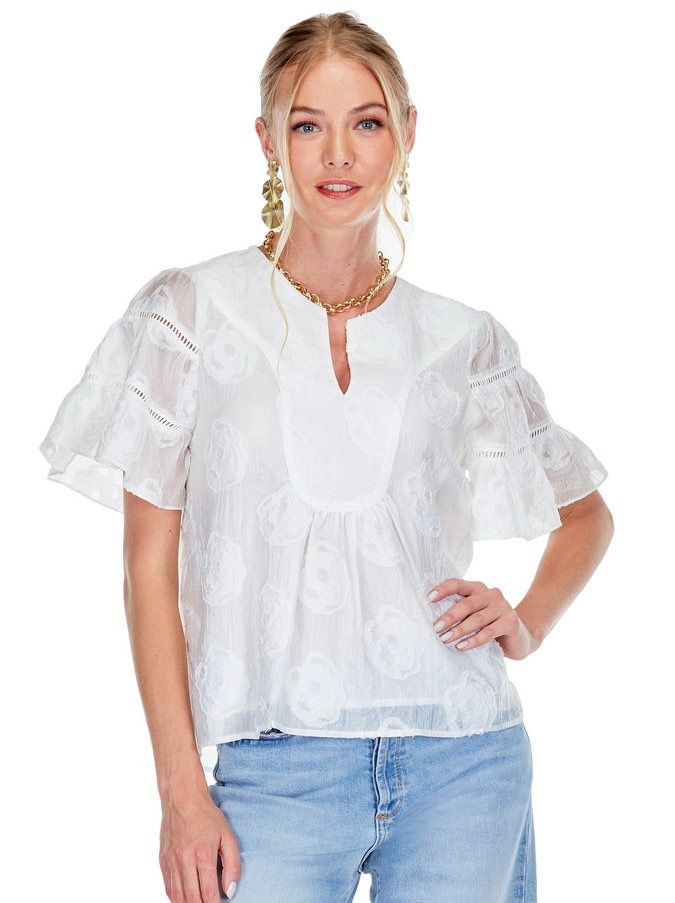 Joy Joy 73E4857 Trimmed Flare Sleeve Top-White