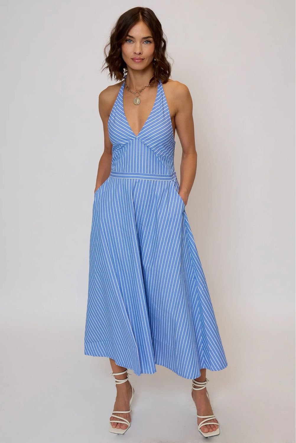 Central Park West Kira Halter Shirt Dress-Blue Str