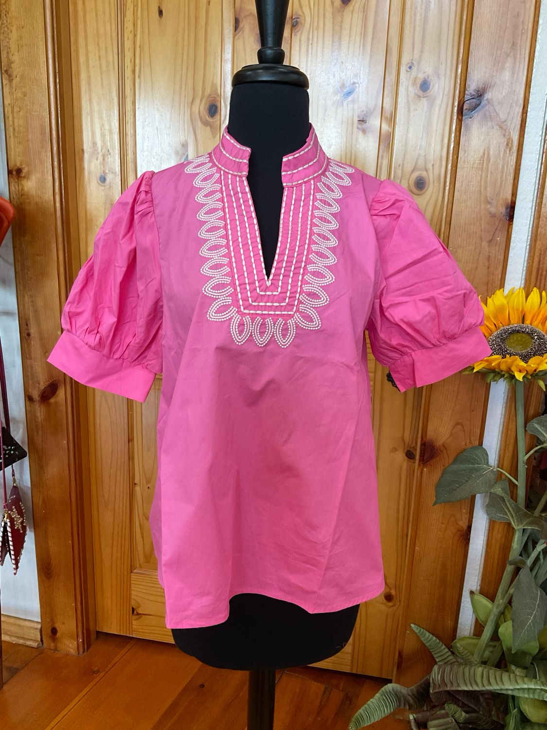 entro T27464 Pink Puff Sleeve Embroidered Top