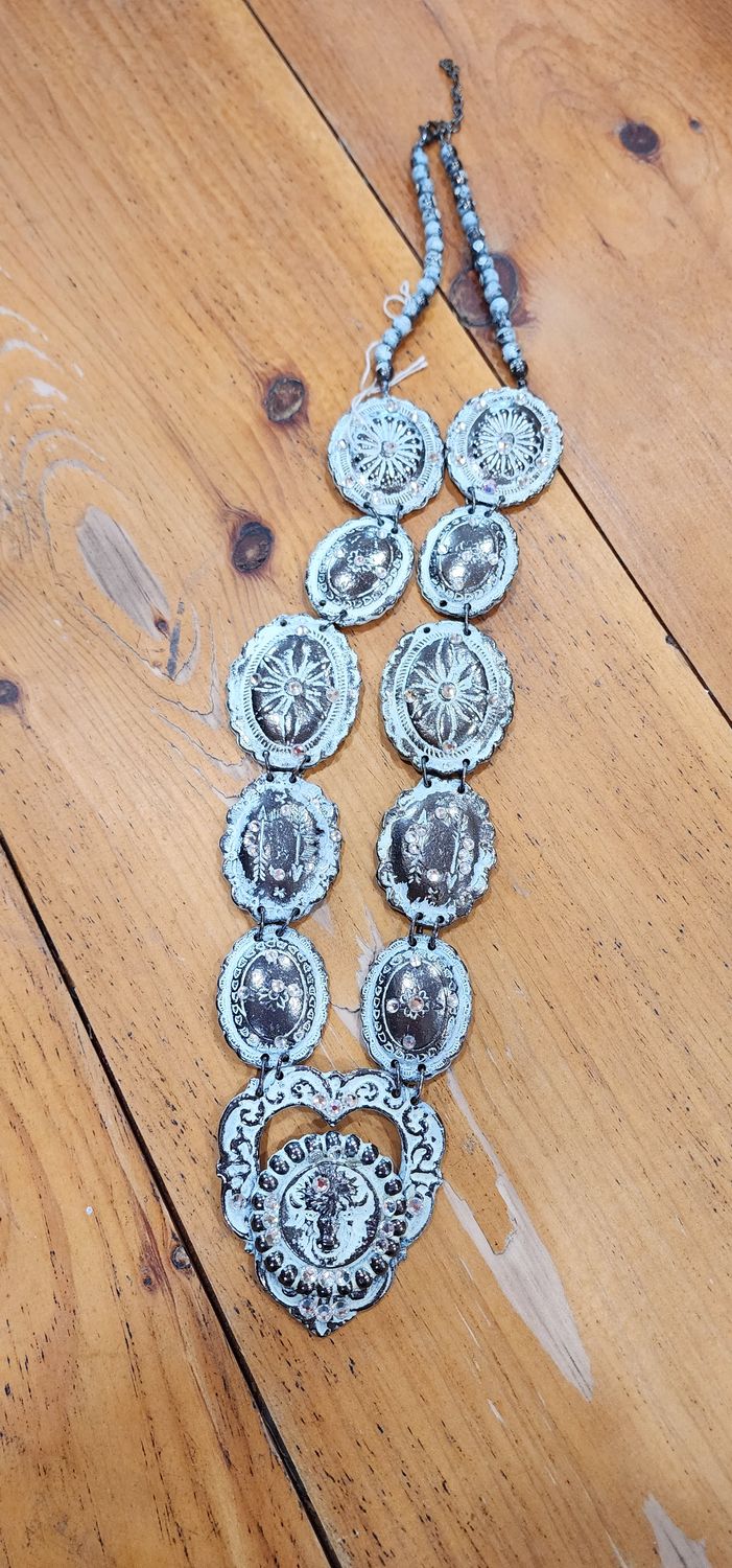 Silver Beaded Concho Heart Necklace