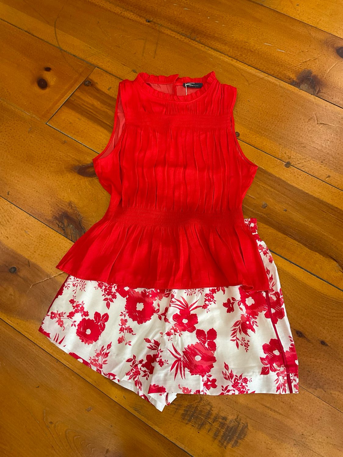 KLd. Signature KD45259 Satin Smock Peplum top-red