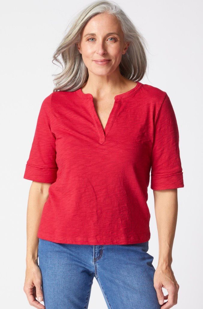 Habitat 27521 Cotton Pebble Split Neck Tee-Ruby