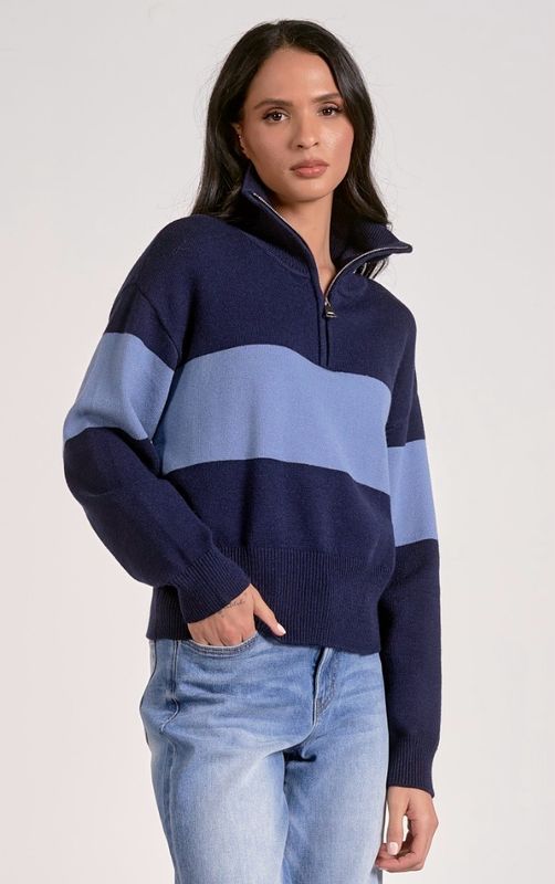Elan SWS11299 1/4 Zip Sweater-Navy/Lt. Blue
