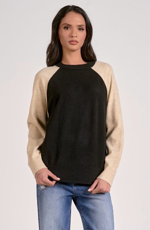 Elan SWB11479 CrewNeck Colorblock Sweater-Bk/Nat.