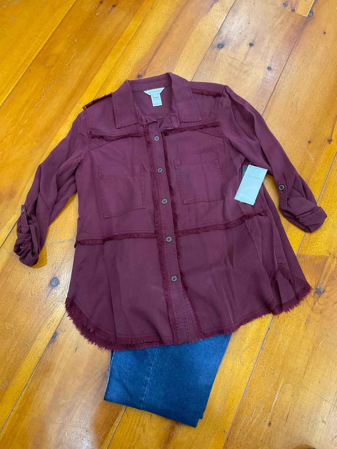 Multiples M35108BM LS Fringe Shacket-Wine