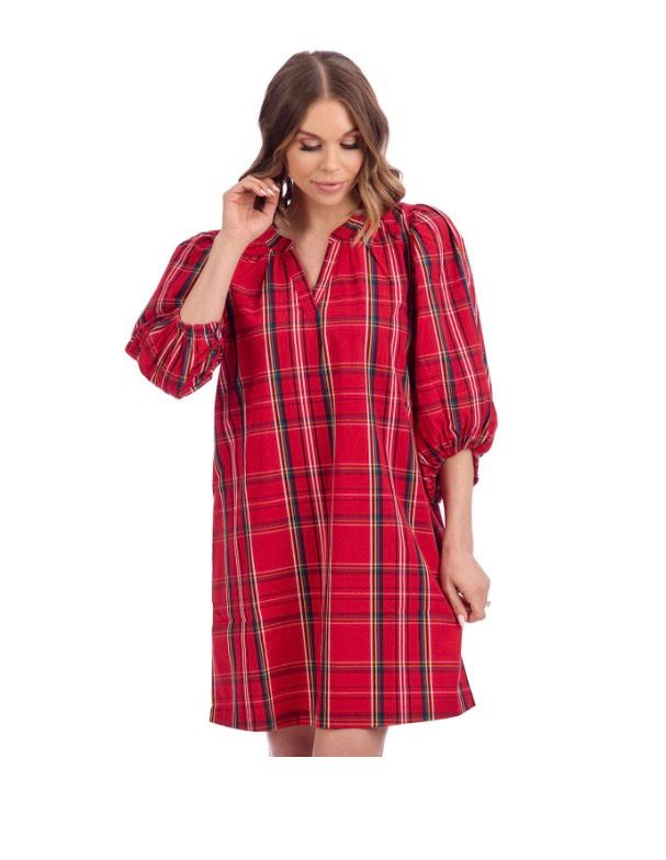 MudPie 85000277 Babs Balloon Sleeve Dress-Red