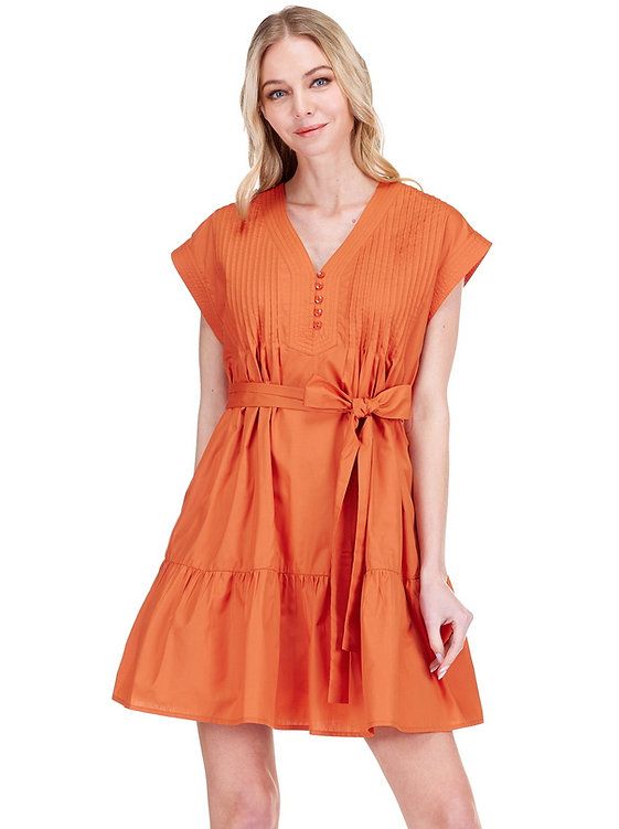 Joy Joy 74G7569 Pin Tuck Edged Dress-Burnt Orange