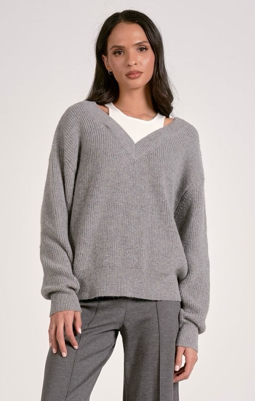 Elan SW11546 Deep VNeck Sweater-Grey/White