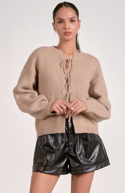 Elan SW11527 Tie Front Cardigan-Macchiato