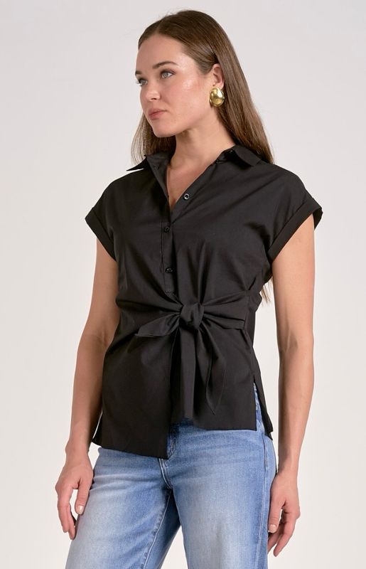 Elan PL11556 SS Button Down Tie Front Top-Black