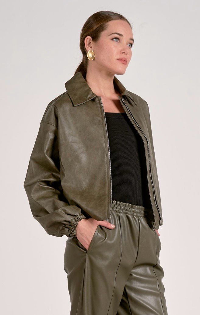 Elan FL8259 Bomber Jacket Vegan Leather-Pine/Olive