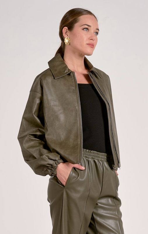 Elan FL8259 Bomber Jacket Vegan Leather-Pine/Olive