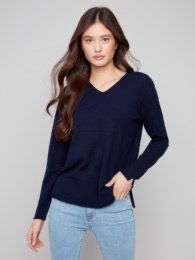 Charlie B C2279RR/464A VNeck LS Sweater-Navy