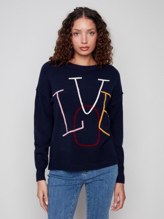 Charlie B C2840E/736A LOVE EmbroideredSweater-Navy