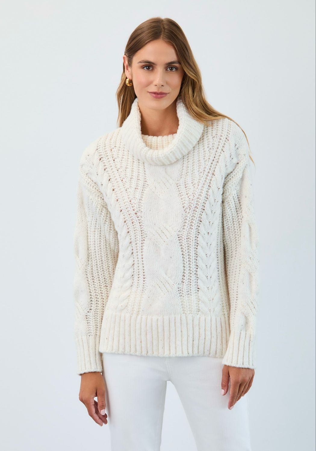 FDJ 1205423 Cabled Cowl Neck Sweater-Creme