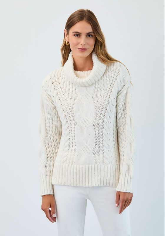 FDJ 1205423 Cabled Cowl Neck Sweater-Creme