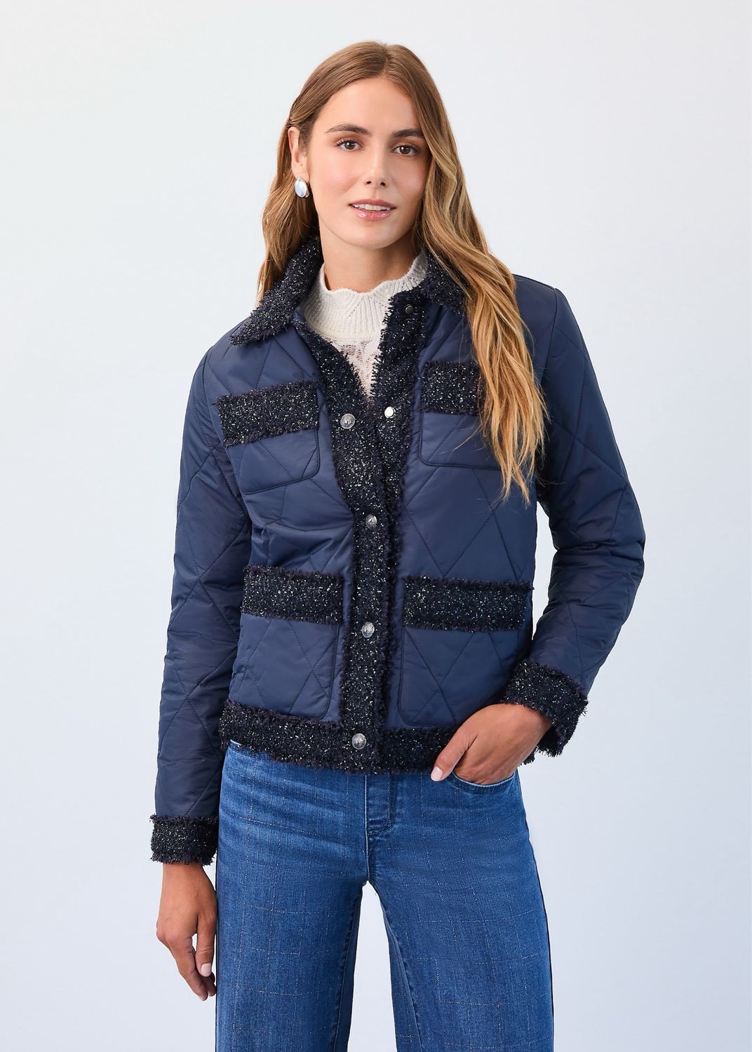 FDJ 1458209 Quilted Sparkle Tweed Jacket-Indigo