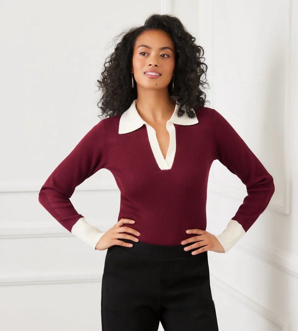 Karen Kane 3N89161 ContrastRibbed PoloSweater-Wine