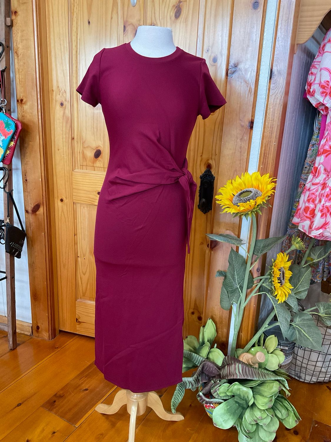 KLd. Signature KD52755 Side Tie Midi Dress-Wine