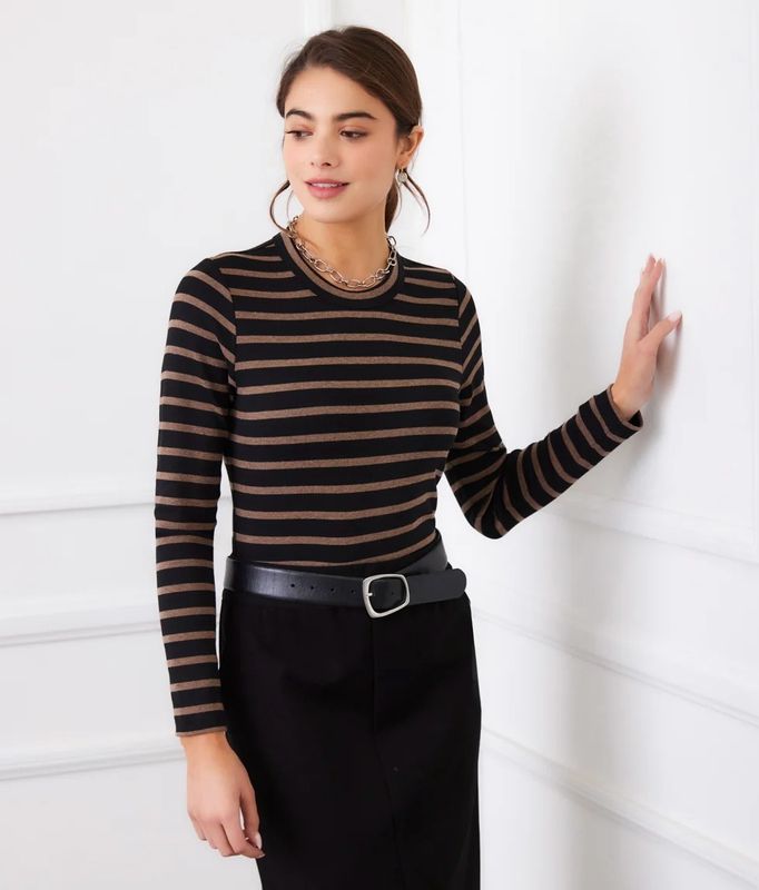 Karen Kane 3L20403 LS Crewneck Top-Bl/Br