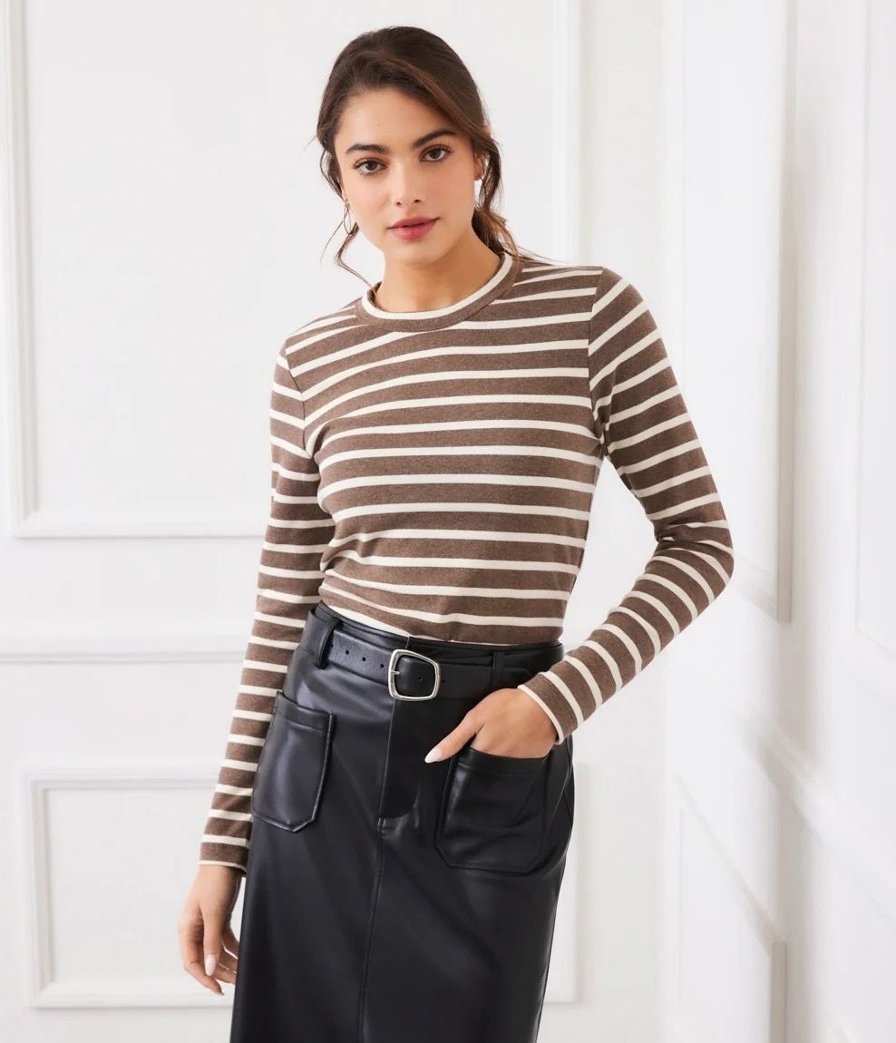 Karen Kane 3L20403 LS Crewneck Top-Br/Cream