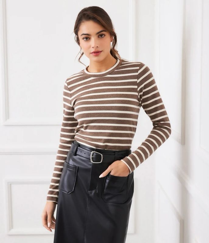 Karen Kane 3L20403 LS Crewneck Top-Br/Cream