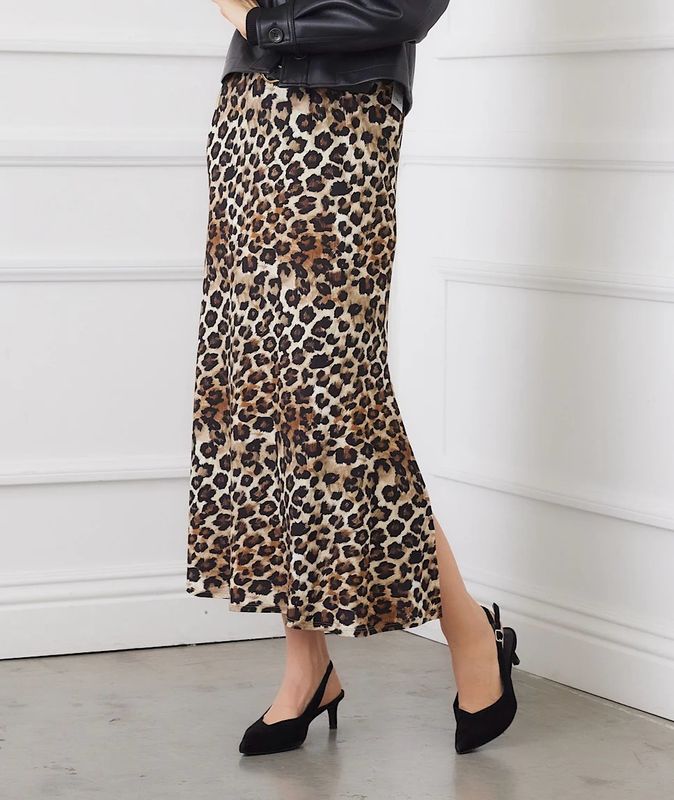 Karen Kane 3L37701 Side Slit Midi Skirt-Leopard