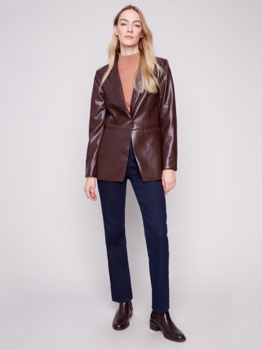 Charlie B C6387/375C  Faux Leather Blazer-Wine
